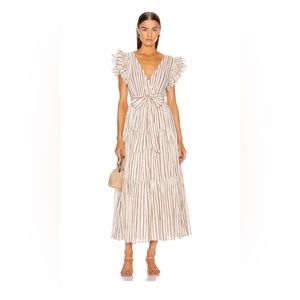 Ulla Johnson Liliana Cream Dress with Metallic Stripes and Ruffle Sleeves